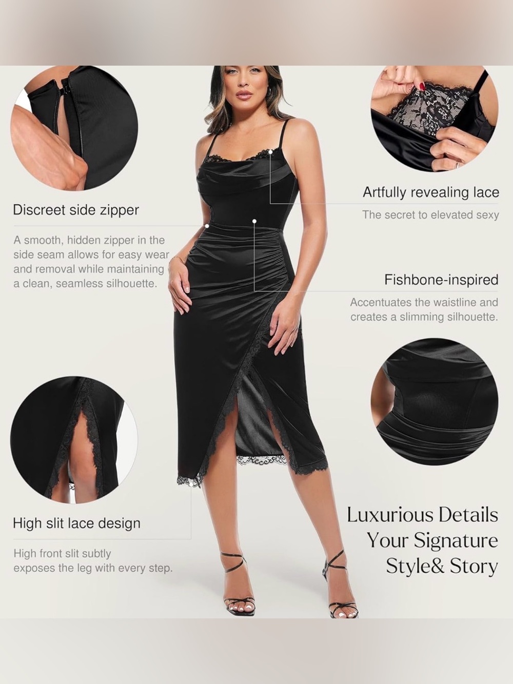 Black Lace-Trim Midi Slip Dress with Ruched Side - Picture 2 of 3